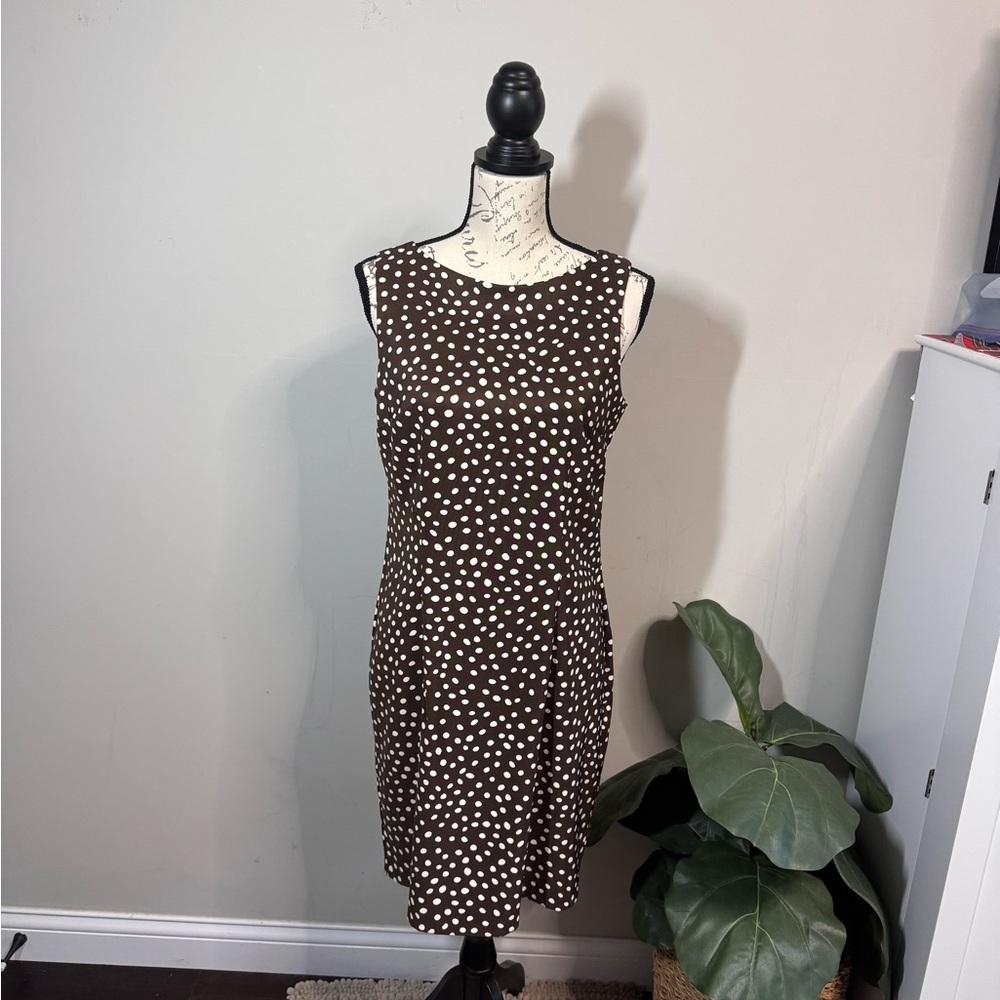 Dressbarn Polka Dot Sheath Dress Size 10 Brown White Sleeveless Career Classic